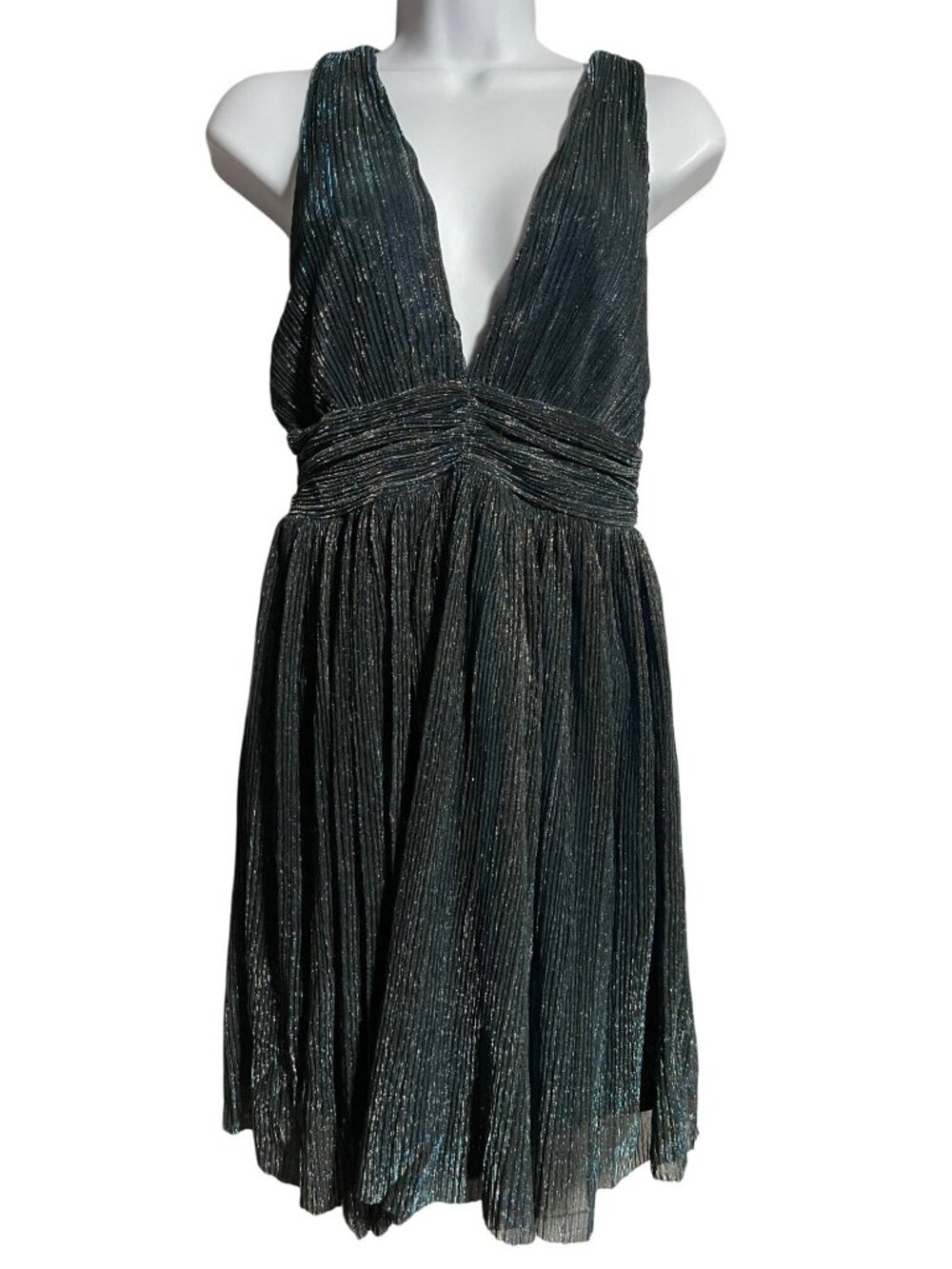 Crystal Sky Metallic Teal Blue Pleated Mini Dress Size S Plunging Neckline Party